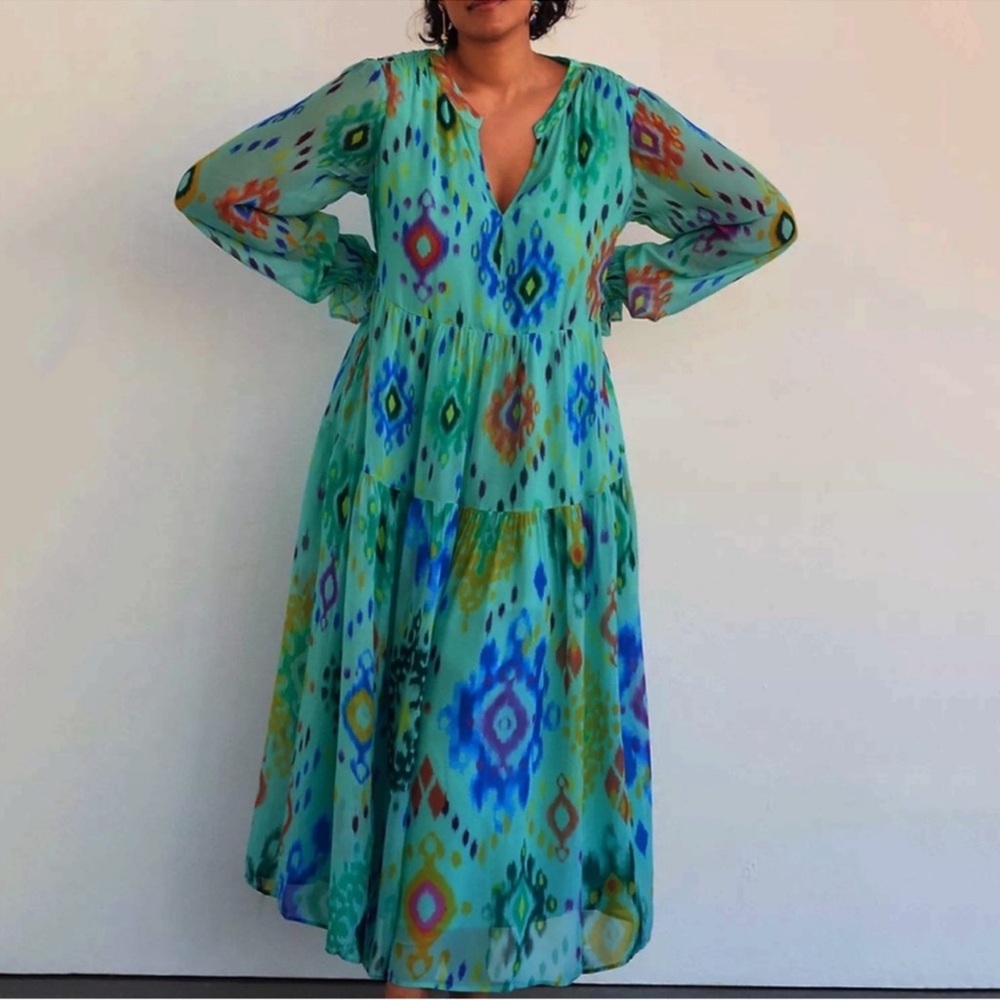 NWT Anthropologie Serenade Ikat Print Maxi Dress Blue Green Pockets Size XL